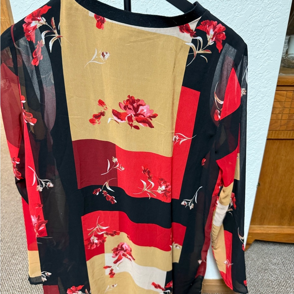 Calvin Klein Floral Colorblock Blouse in Black, Red & Tan - Picture 5 of 5
